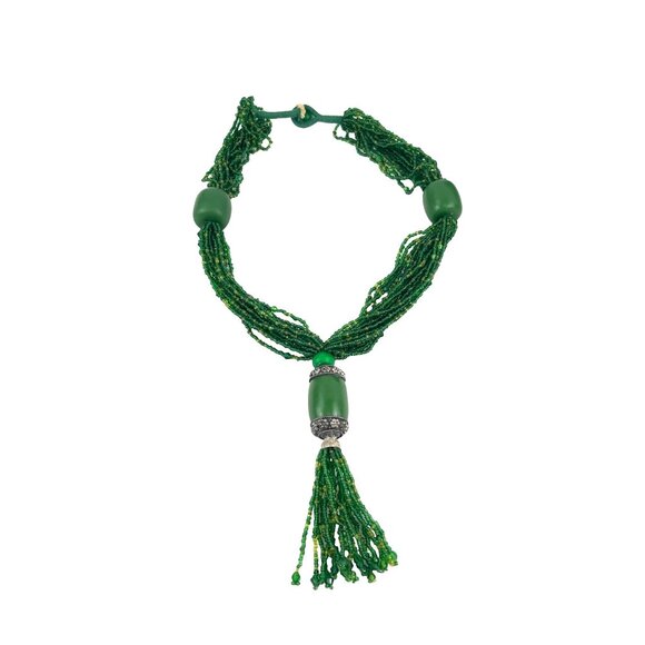 Handcrafted Green Beaded Necklace With Tassel Decorative Silver Accents Adjustab - Picture 8 of 10